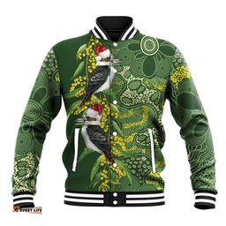 Aussie Kokaburra Golden Wattle Christmas Baseball Jacket Aboriginal Dots Painting Green Motif LT9