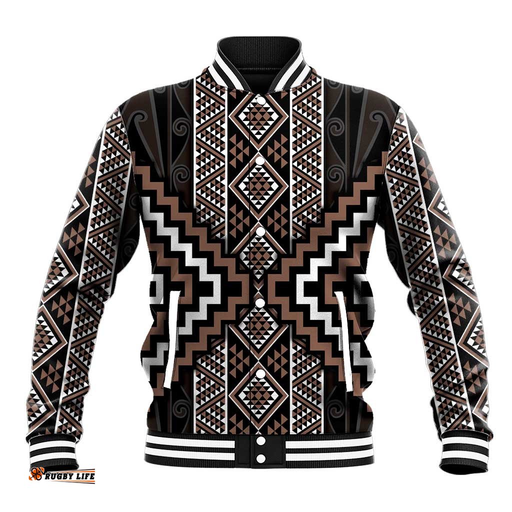 Classic Tukutuku Pattern Aotearoa Baseball Jacket Niho Taniwha and Puhoro Motifs LT7