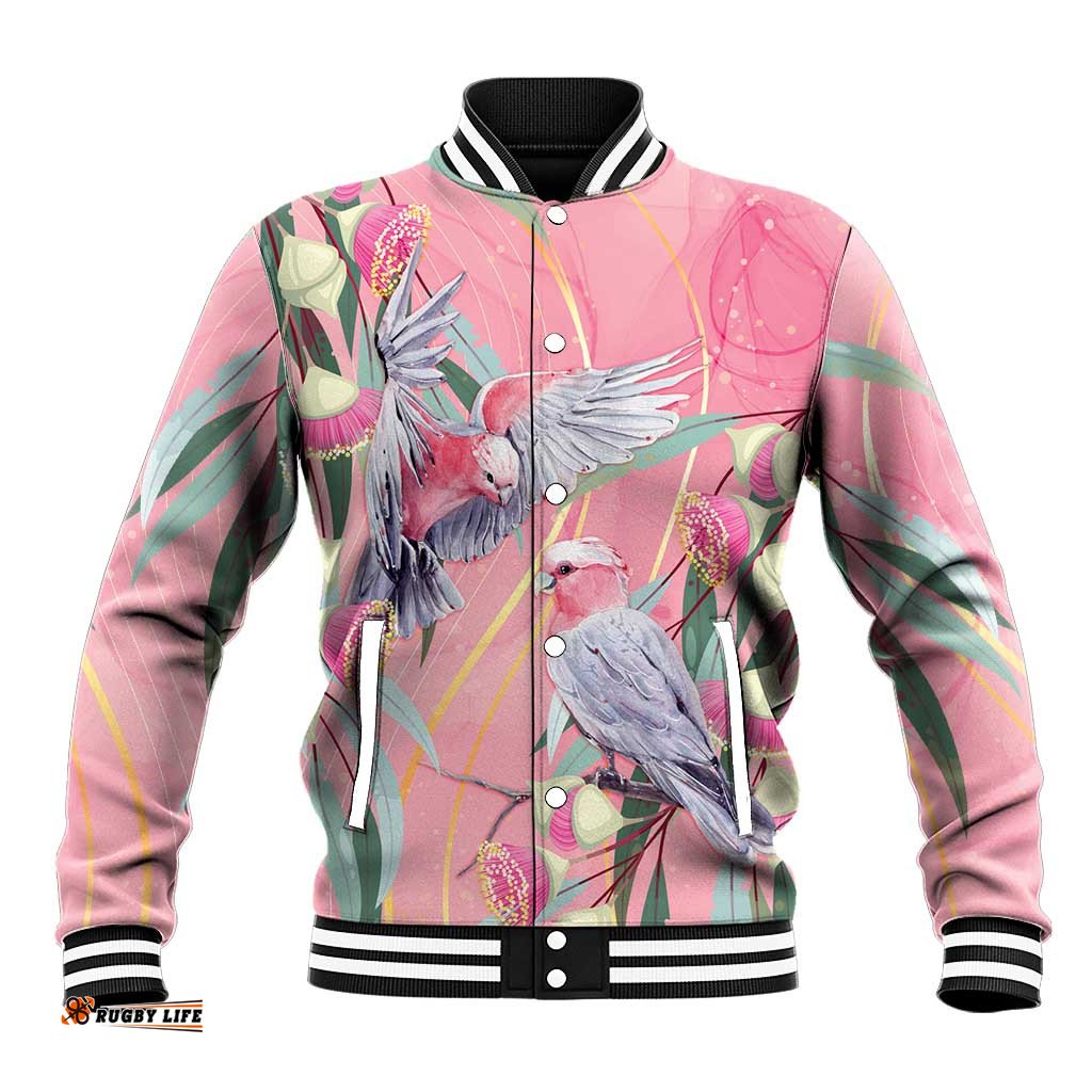 Australia Breast Cancer Awareness Baseball Jacket Pink Galah with Eucalyptus Flowers LT7