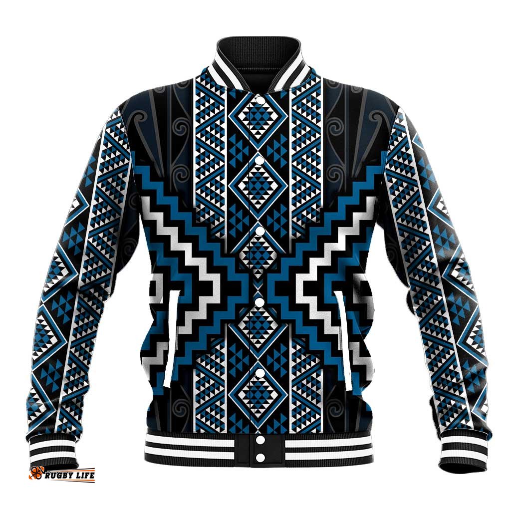 Azure Tukutuku Pattern Aotearoa Baseball Jacket Niho Taniwha and Puhoro Motifs LT7