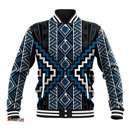 Azure Tukutuku Pattern Aotearoa Baseball Jacket Niho Taniwha and Puhoro Motifs LT7