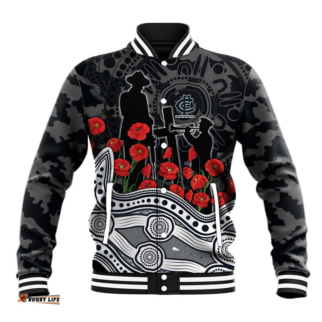 Carlton Blues ANZAC Day Baseball Jacket Indigenous Dot Art with Poppy Flower Tribute TS04