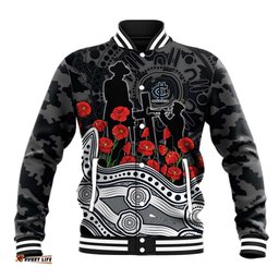 Carlton Blues ANZAC Day Baseball Jacket Indigenous Dot Art with Poppy Flower Tribute TS04