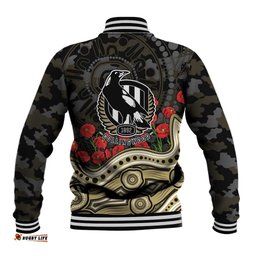 Collingwood Magpies ANZAC Day Baseball Jacket Indigenous Dot Art with Poppy Flower Tribute TS04