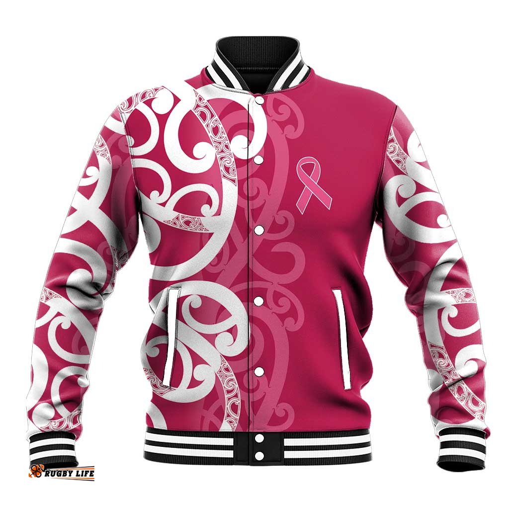 Breast Cancer Awareness Maori Baseball Jacket Koru Kowhaiwhai LT7