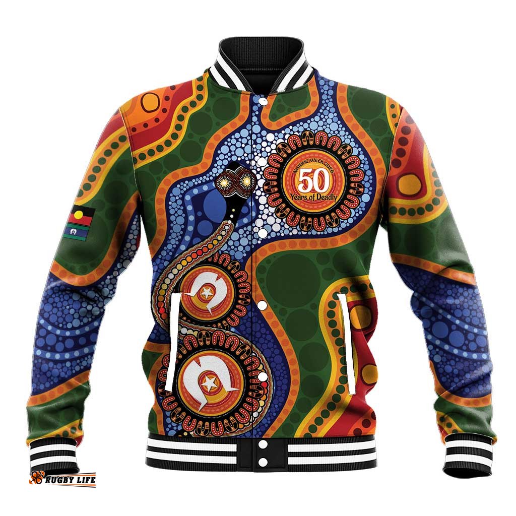Australia NAIDOC Week 2026 Baseball Jacket 50 Years of Deadly Dhari Snake Aboriginal Art LT14