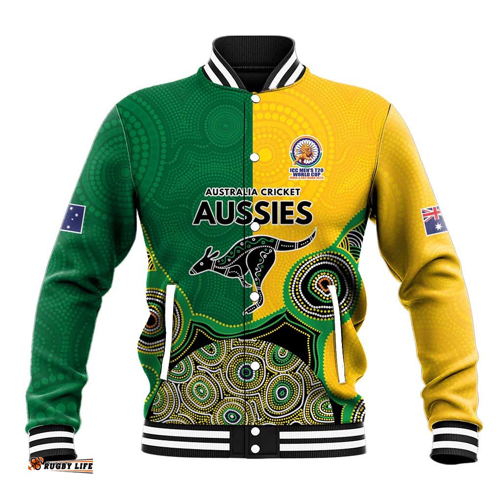 Custom Australia Cricket Spirit 2026 Baseball Jacket World T20 Edition - Aussie Color Aboriginal Motif LT9