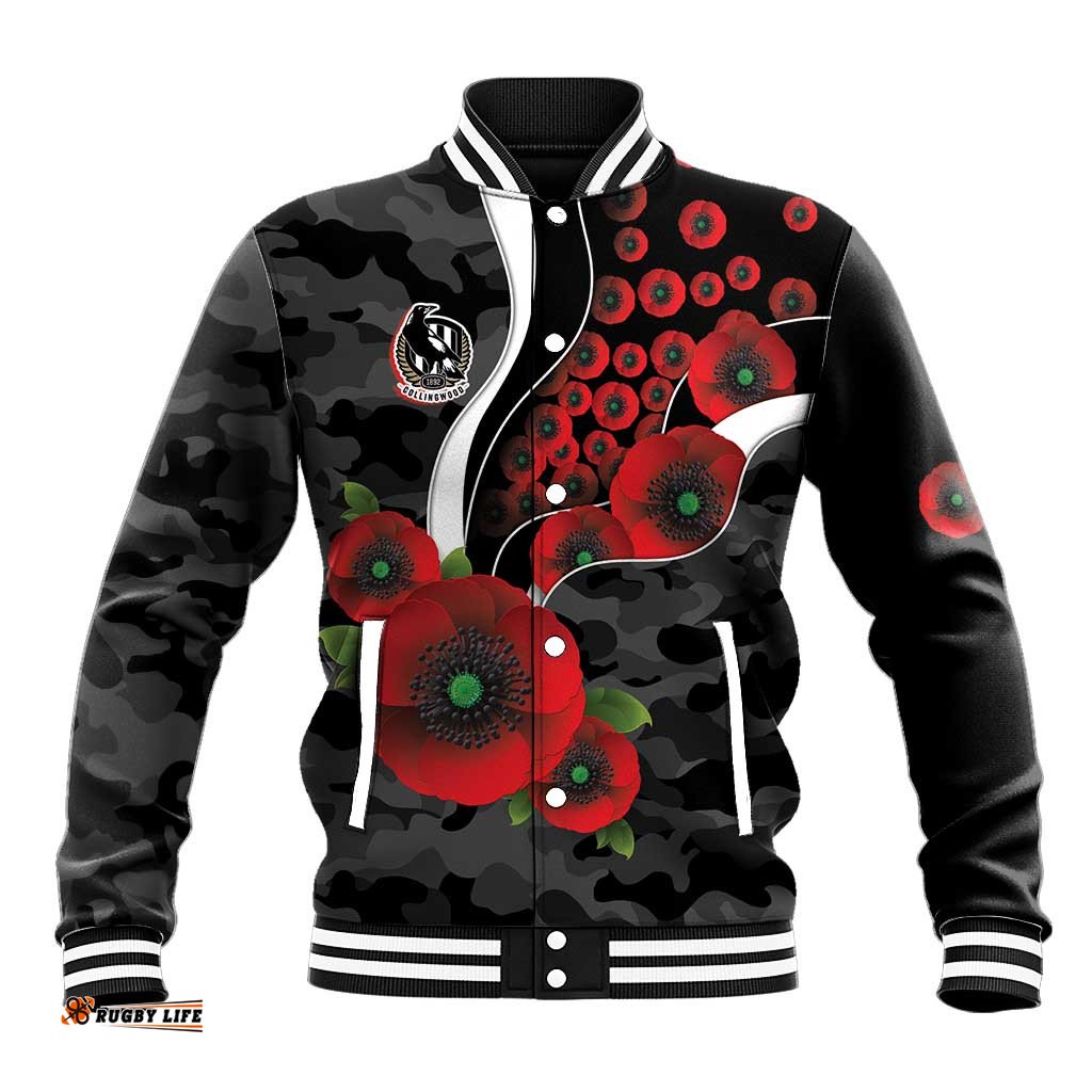 Collingwood Magpies ANZAC Personalised Baseball Jacket Lest We Forget Poppy Camo LT9