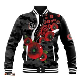 Collingwood Magpies ANZAC Personalised Baseball Jacket Lest We Forget Poppy Camo LT9