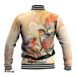 Australia Flame Robin Baseball Jacket Petroica Phoenicea Banksia Indigenous Art LT14