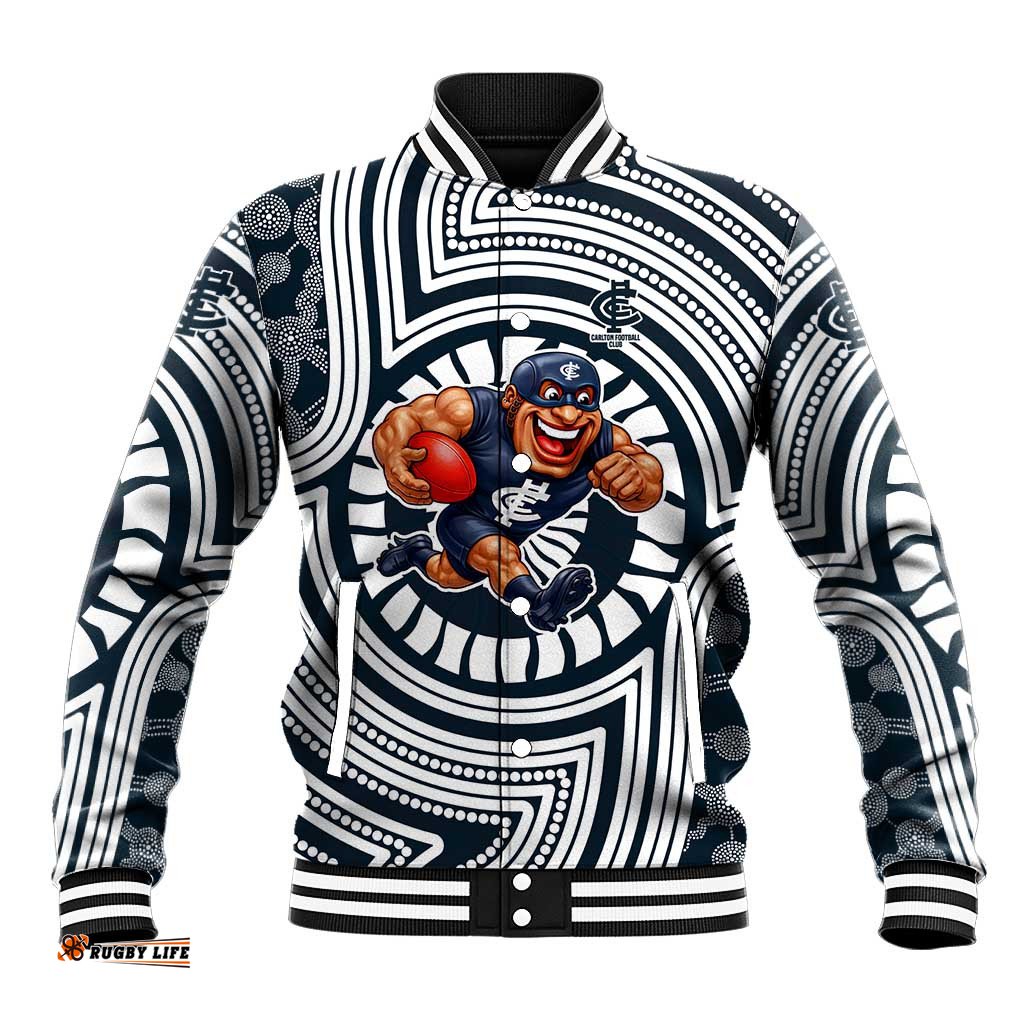 Carlton Football Club Baseball Jacket Indigenous Monochrome Dot Art Mascot Style TS04