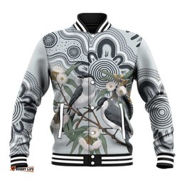 Australia Grey Butcherbird Baseball Jacket Eucalyptus Alba Indigenous Art LT14