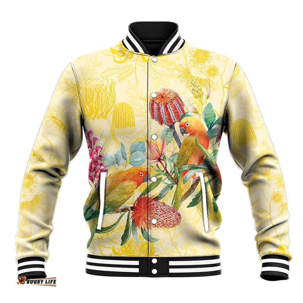 Birds and Floral Aussie Lorikeet Baseball Jacket Pastel Yellow LT7
