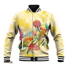 Birds and Floral Aussie Lorikeet Baseball Jacket Pastel Yellow LT7