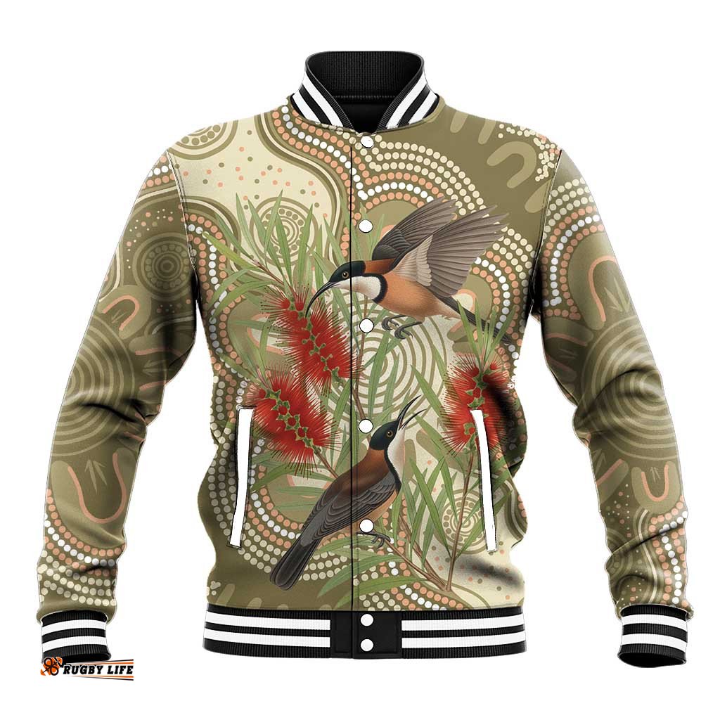 Australia Eastern Spinebill Baseball Jacket Aussie Honeyeater Bottlebrush Indigenous Art LT14