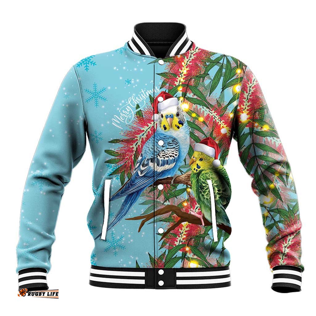 Blue Budgies on Callistemon Baseball Jacket Merry Christmas Aussie LT7