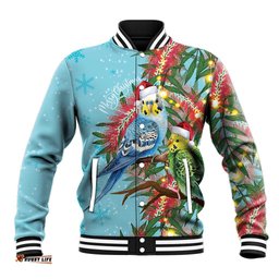 Blue Budgies on Callistemon Baseball Jacket Merry Christmas Aussie LT7