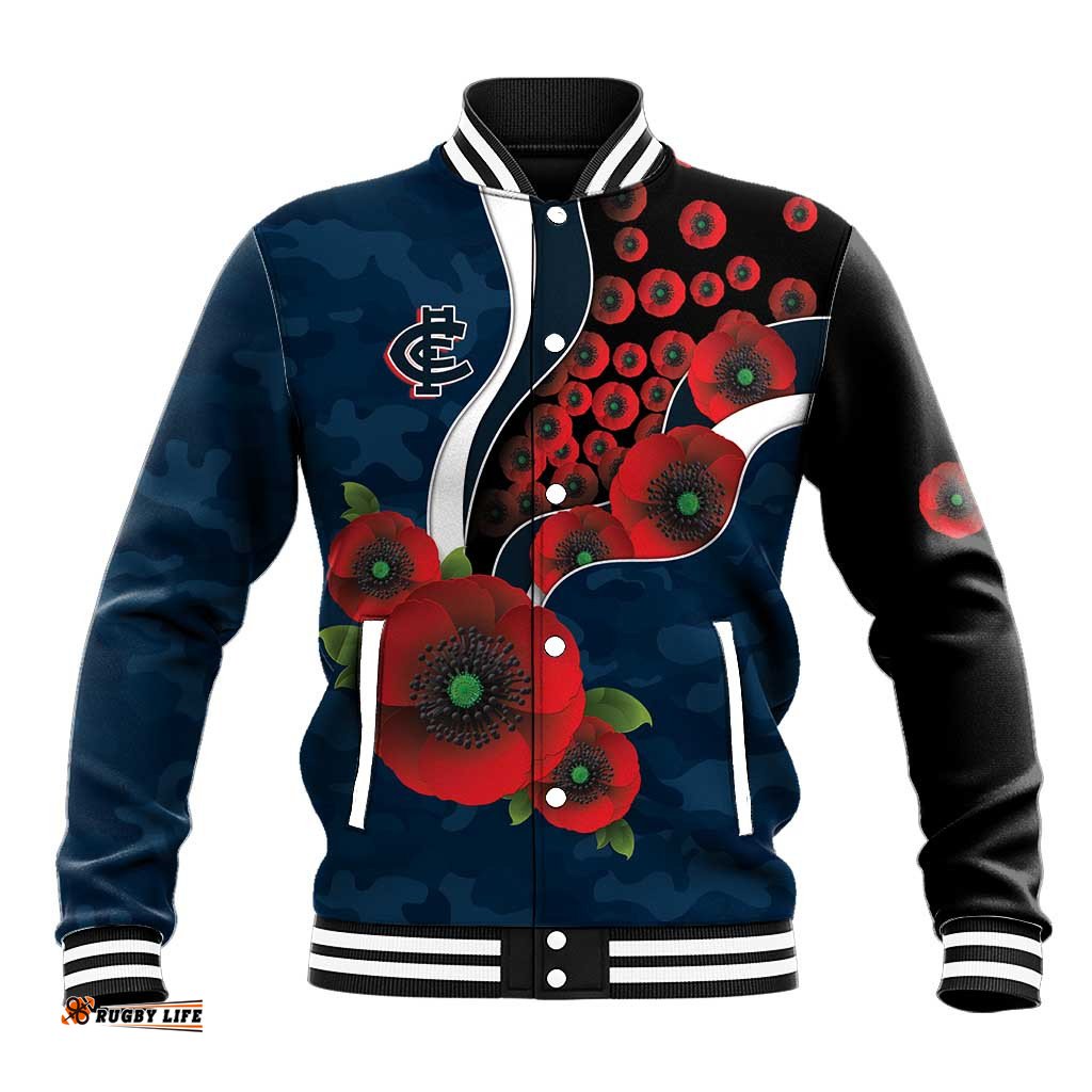 Carlton Blues ANZAC Personalised Baseball Jacket Lest We Forget Poppy Camo LT9