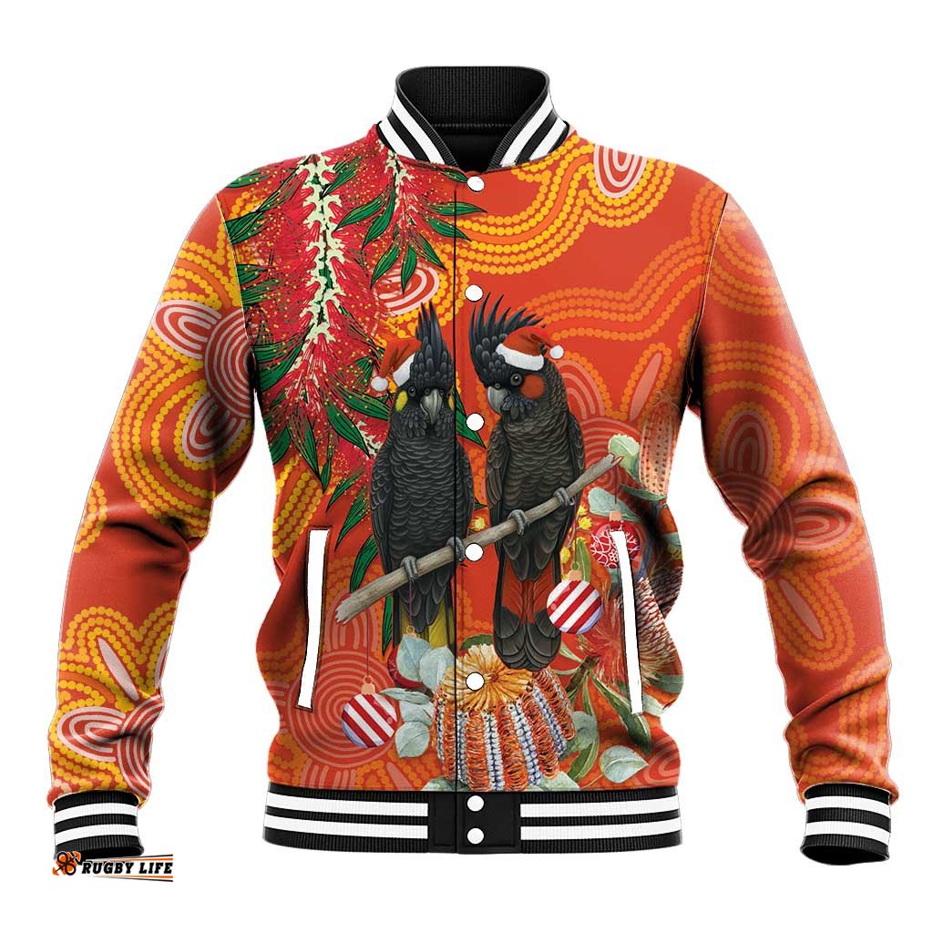 Australia Black Cockatoo Christmas Baseball Jacket Banksia Bottlebrush Aboriginal Art LT14