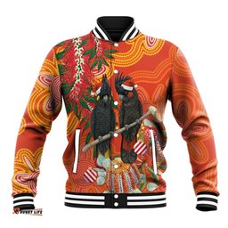 Australia Black Cockatoo Christmas Baseball Jacket Banksia Bottlebrush Aboriginal Art LT14
