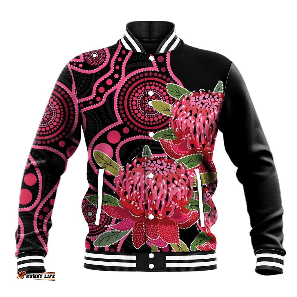 Australia Waratah Baseball Jacket Telopea Aussie Native Flowers Indigenous Art LT14