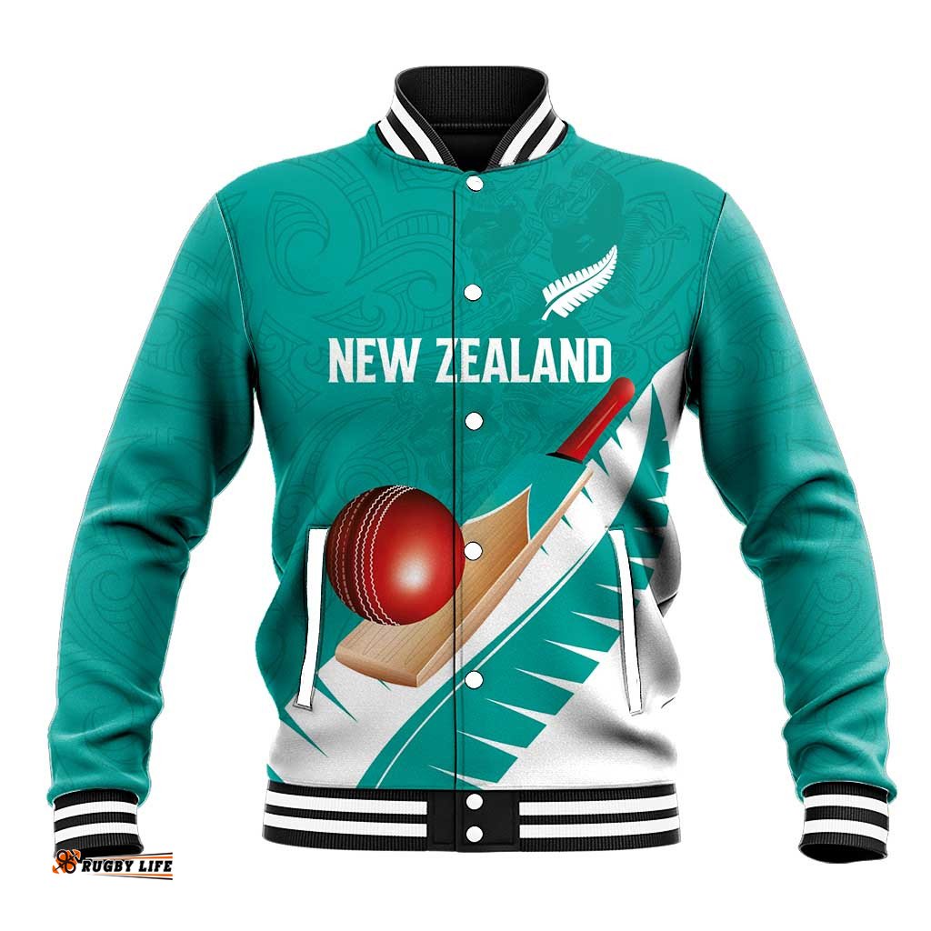 Custom New Zealand Cricket Baseball Jacket Kiwi Birds Haka Dance Turquoise Fern Sporty Style LT03
