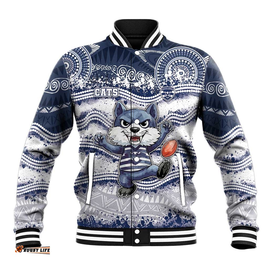 Custom Geelong Navy Baseball Jacket Playful Cat Kicking Ball DT05