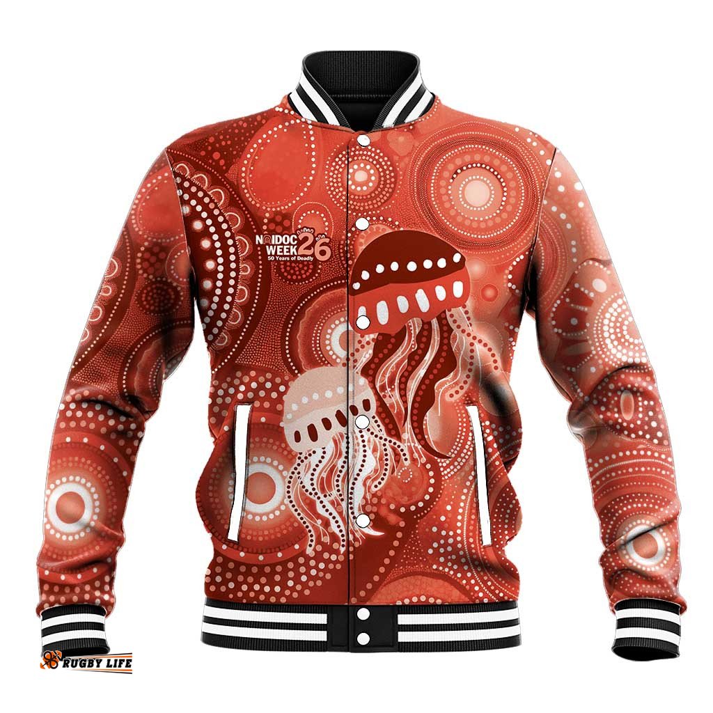 NAIDOC Deadly 50 Years Baseball Jacket Jellyfish Aboriginal Culture Inspired Red LT9