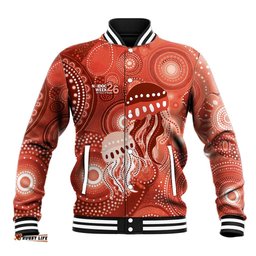 NAIDOC Deadly 50 Years Baseball Jacket Jellyfish Aboriginal Culture Inspired Red LT9