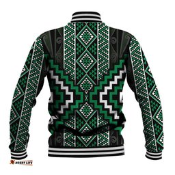 Jade Tukutuku Pattern Aotearoa Baseball Jacket Niho Taniwha and Puhoro Motifs LT7
