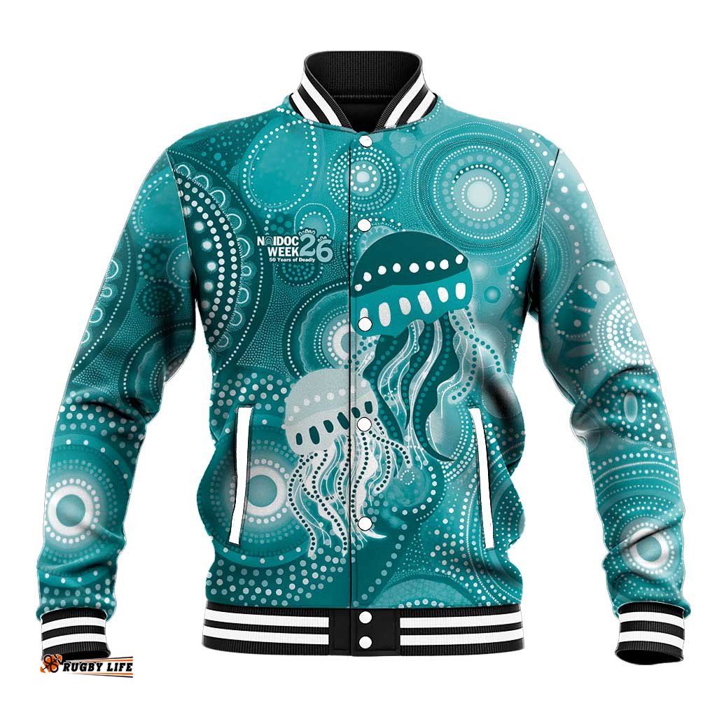 NAIDOC Deadly 50 Years Baseball Jacket Jellyfish Aboriginal Culture Inspired Turquoise LT9