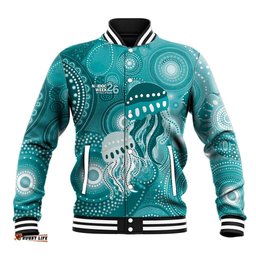 NAIDOC Deadly 50 Years Baseball Jacket Jellyfish Aboriginal Culture Inspired Turquoise LT9