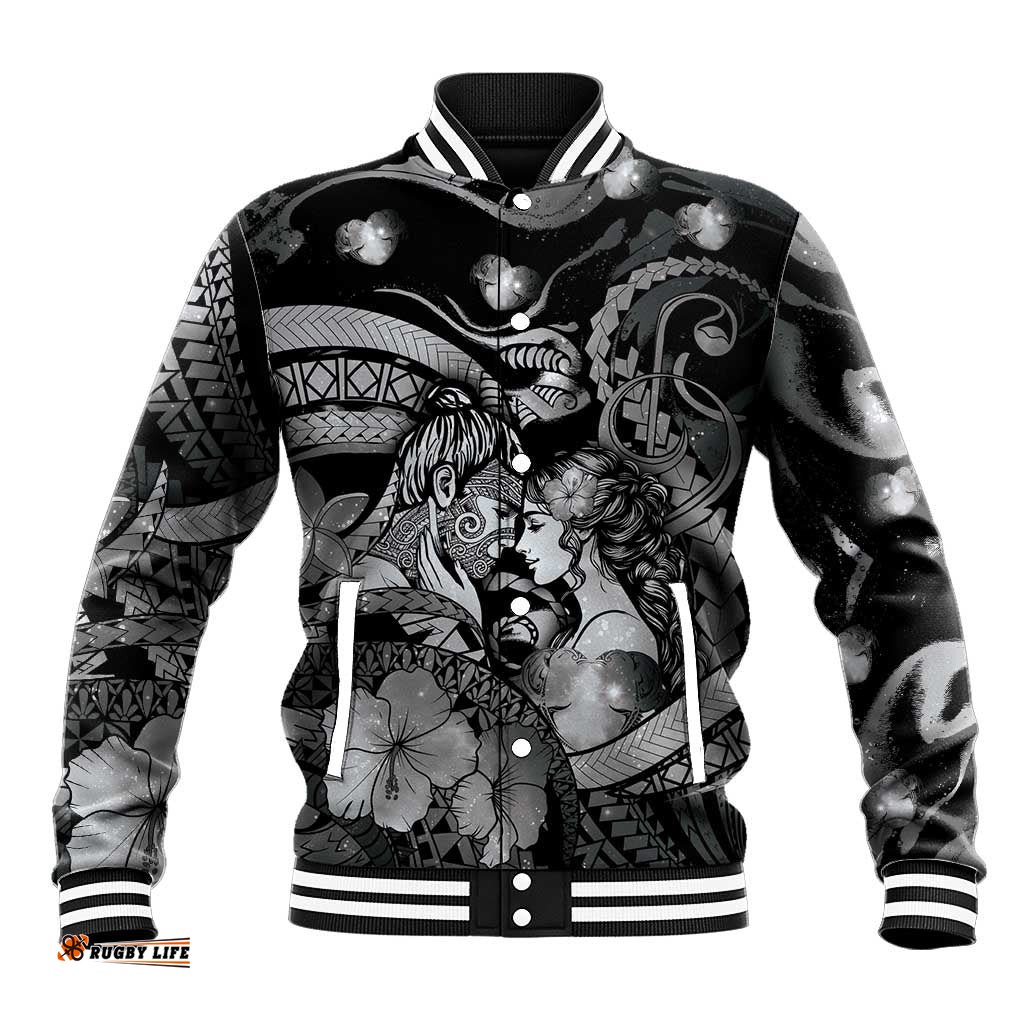 Personalised Maori Romantic Valentine Baseball Jacket The Hongi Kiss Black Galaxy DT05