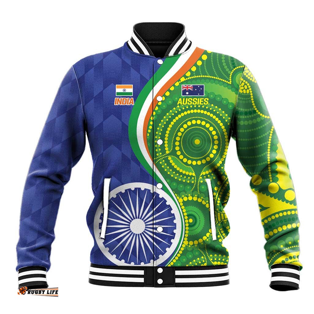 India Vs Australian Cricket Custom Baseball Jacket Ashoka Chakra and Aboriginal Together LT9