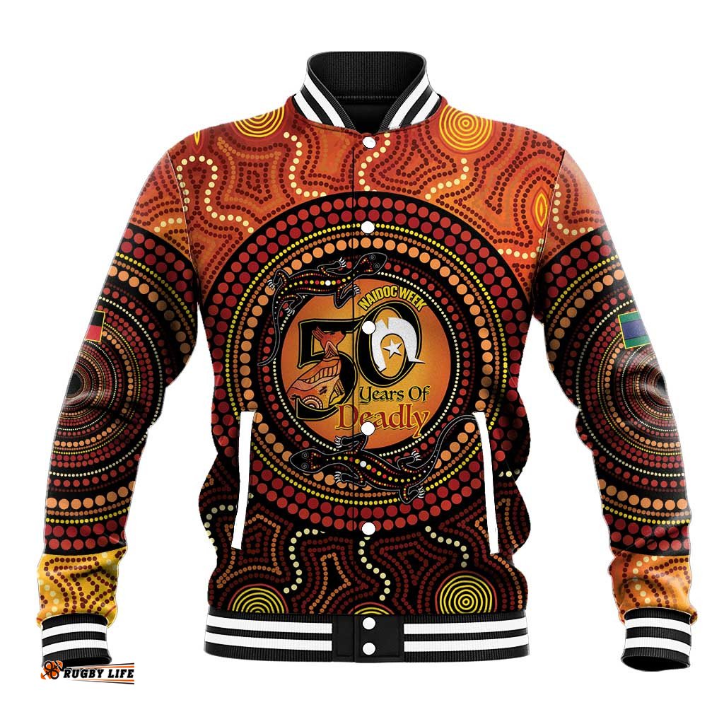 NAIDOC Week 2026 Personalised Baseball Jacket 50 Years of Deadly Lizard Kangaroo Aboriginal Art LT14