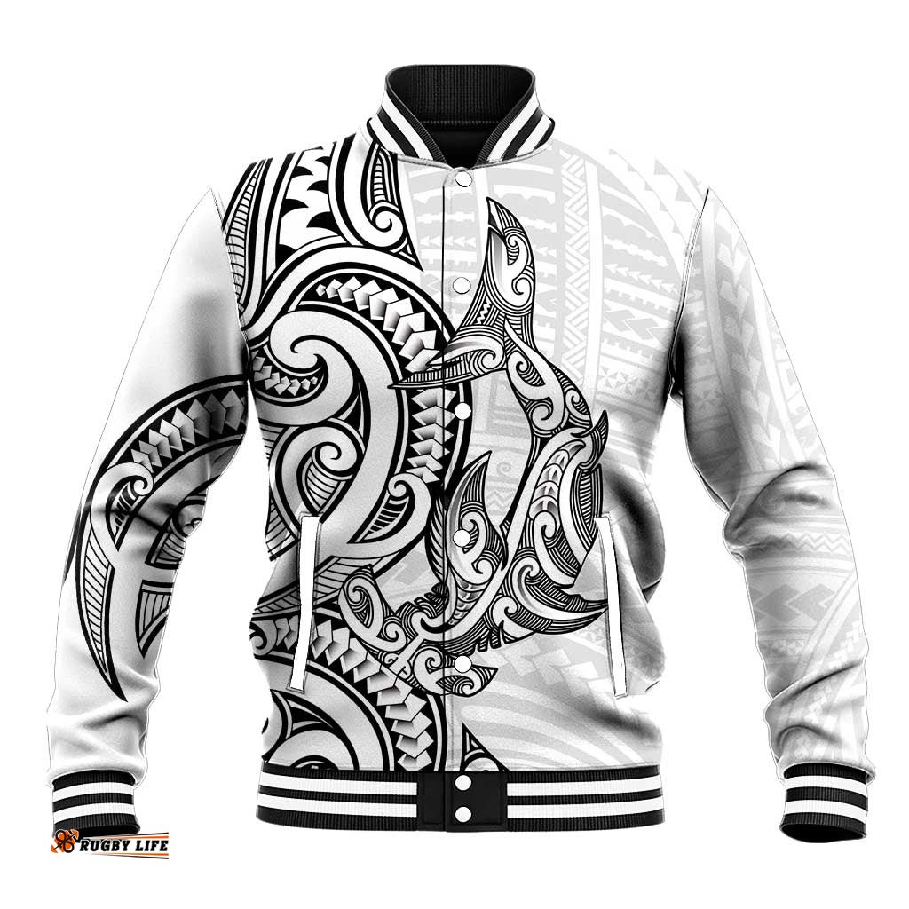 New Zealand Hammerhead Shark Baseball Jacket Maori Haehae Mangopare White LT14