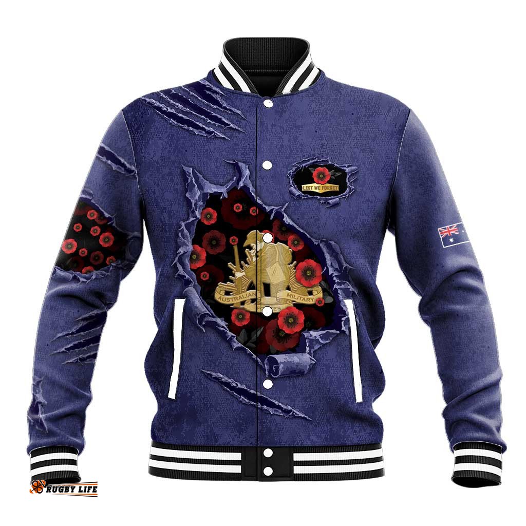 Personalised ANZAC Day Baseball Jacket Poppy Flowers Ripped Fabric Effect DT05