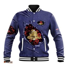 Personalised ANZAC Day Baseball Jacket Poppy Flowers Ripped Fabric Effect DT05