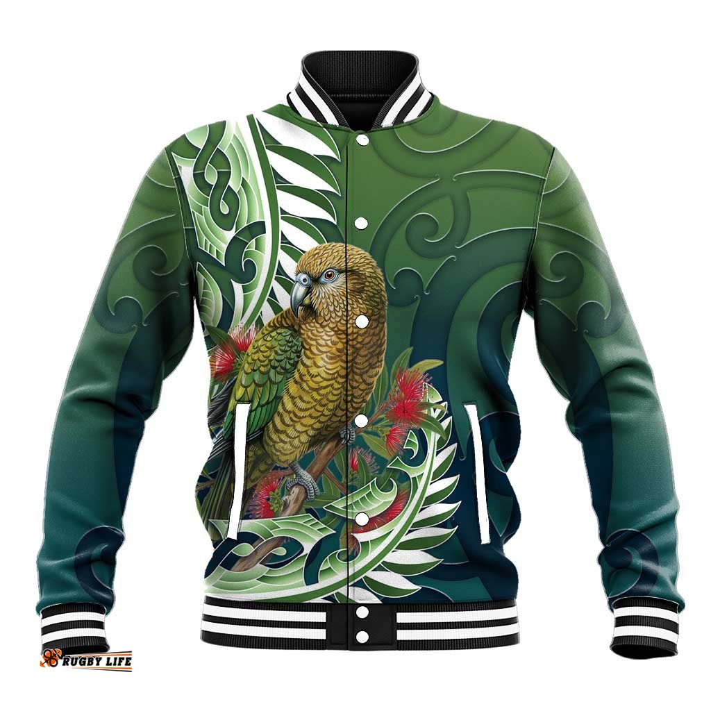 New Zealand Kea Bird Baseball Jacket With Maori Koru Fern LT05