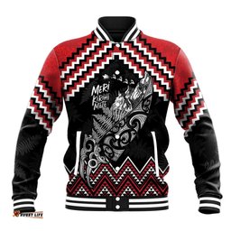 New Zealand Christmas Taniko Poutama Baseball Jacket Mountainscape Maori Fern LT7