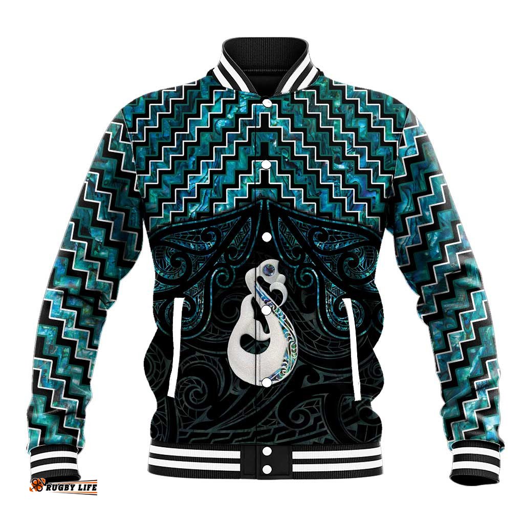 New Zealand Maori Baseball Jacket Poutama Manaia Turquoise Paua Shell LT05