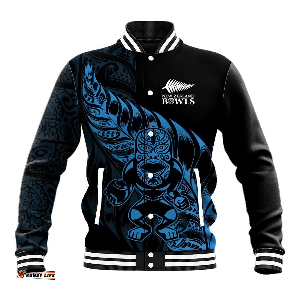 New Zealand Lawn Bowls Custom Baseball Jacket Blue Maori Warrior Tribal Silver Fern LT9