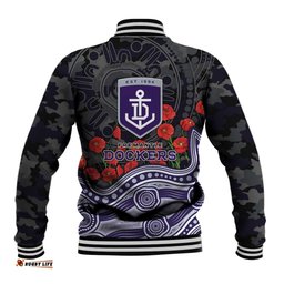 Fremantle Dockers ANZAC Day Baseball Jacket Indigenous Dot Art with Poppy Flower Tribute TS04