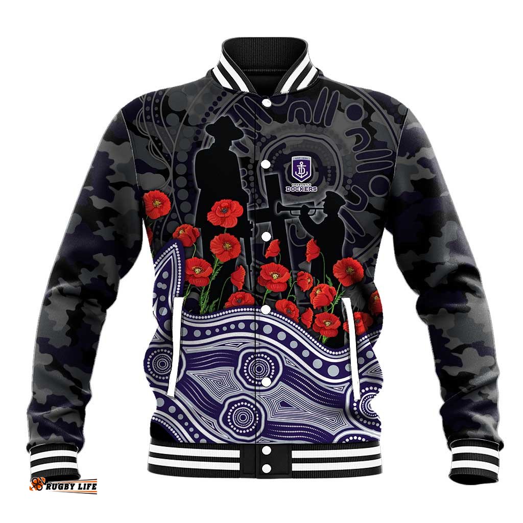 Fremantle Dockers ANZAC Day Baseball Jacket Indigenous Dot Art with Poppy Flower Tribute TS04