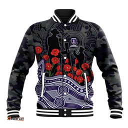 Fremantle Dockers ANZAC Day Baseball Jacket Indigenous Dot Art with Poppy Flower Tribute TS04