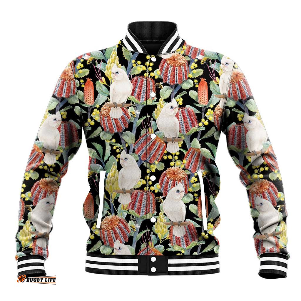 Little Corella Australia Cockatoo Baseball Jacket Cacatua Sanguinea Banksia Seamless Black LT14