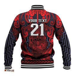 Custom New Zealand Taiaha Maori Baseball Jacket Whero Minimalist Silver Fern Tukutuku Motif LT9