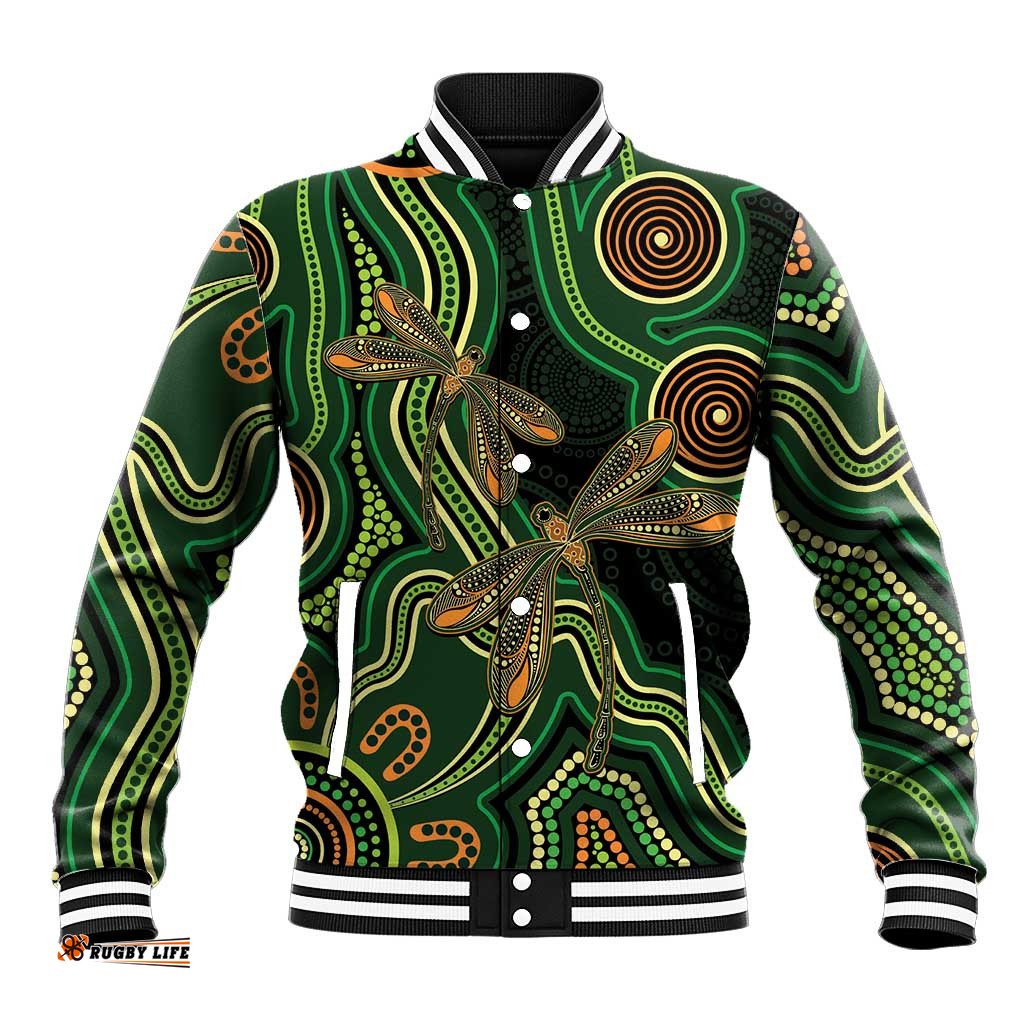 Green Indigenous Dragonfly Australia Baseball Jacket Aboriginal Art LT14