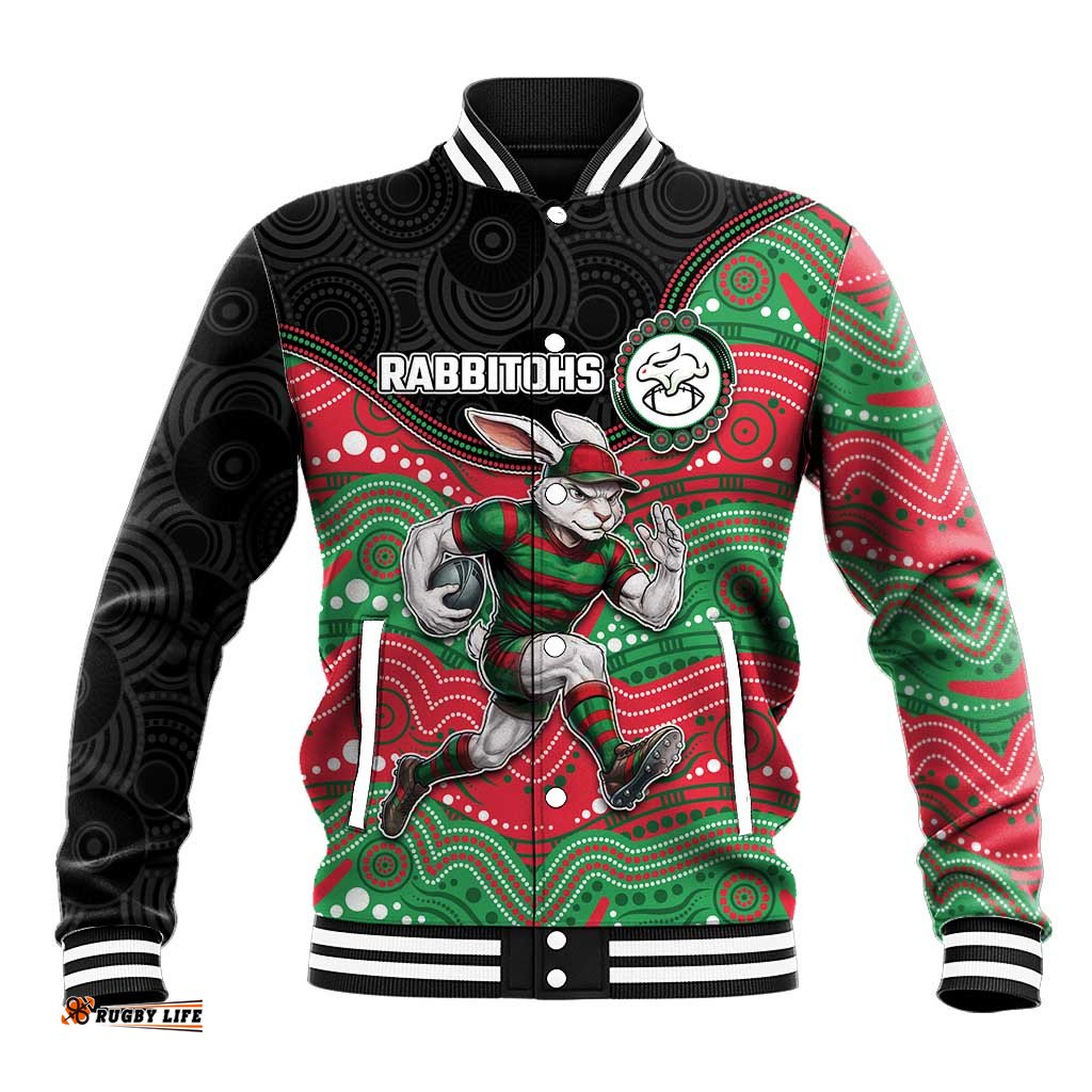 Custom Rabbitohs Baseball Jacket Rabbit Mascot With Aboriginal Indigenous DT05