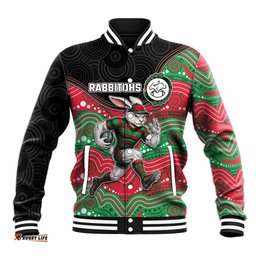 Custom Rabbitohs Baseball Jacket Rabbit Mascot With Aboriginal Indigenous DT05
